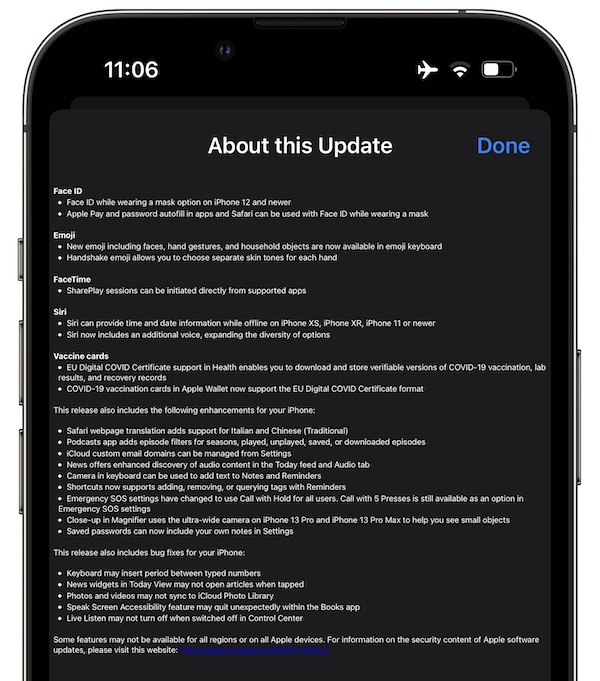 журнал обновлений iOS 15.4