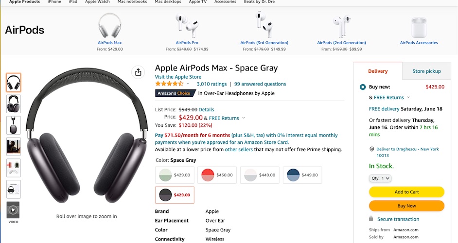 Airpods Max самая низкая цена на Amazon