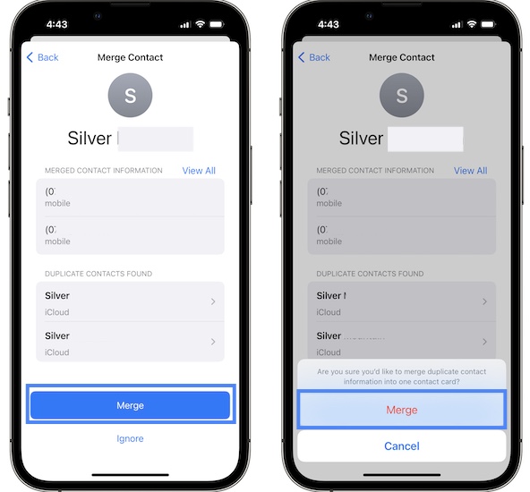 как объединить дубликаты контактов ios 16