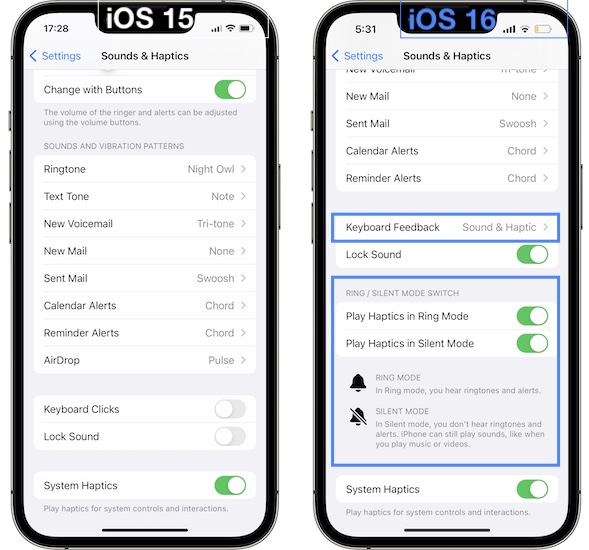 звуки и тактильные ощущения iOS 15 против iOS 16