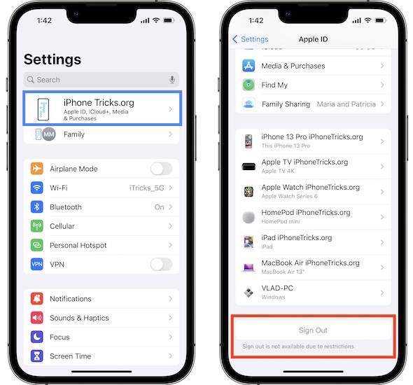 Выход из Apple ID недоступен из-за ограничений