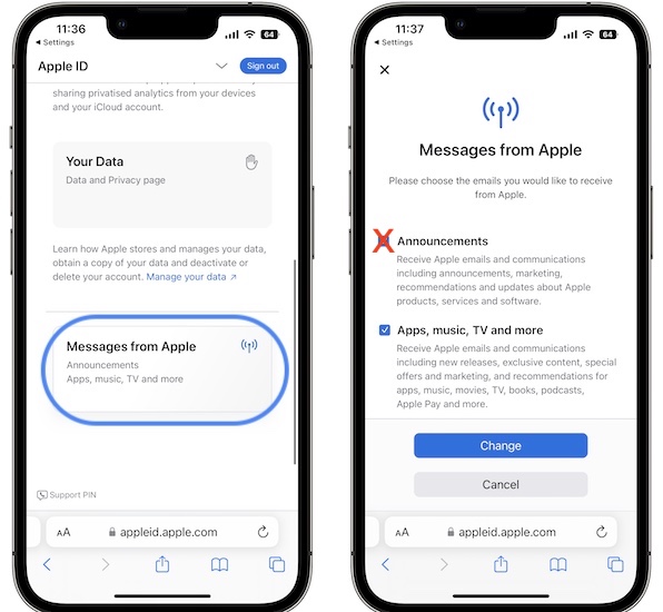 отключить информационный бюллетень объявлений Apple