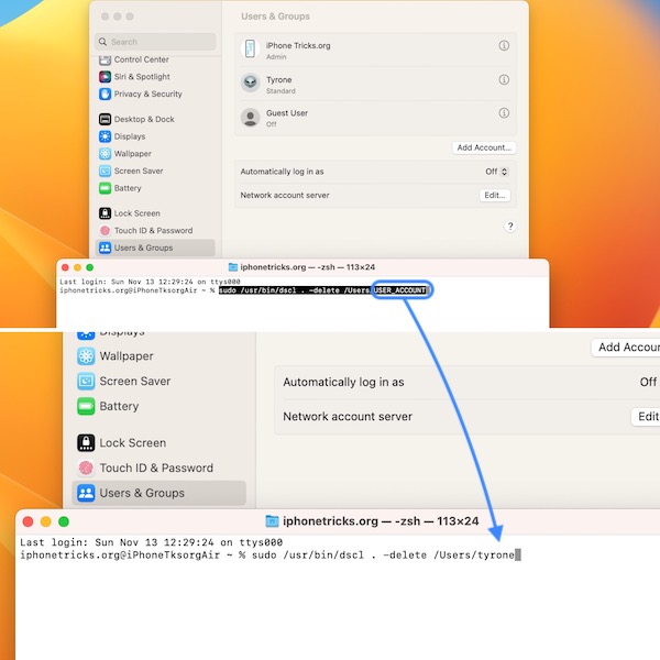 удалить учетную запись Mac из терминала