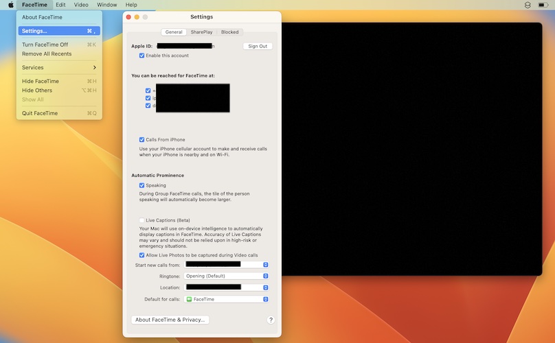 настройки FaceTime macos ventura