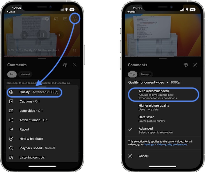 downgrade youtube playback resolution