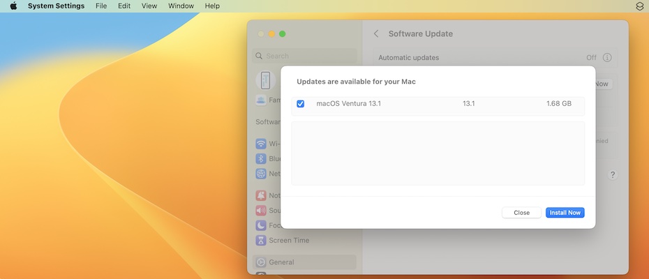macOS ventura 13.1 update