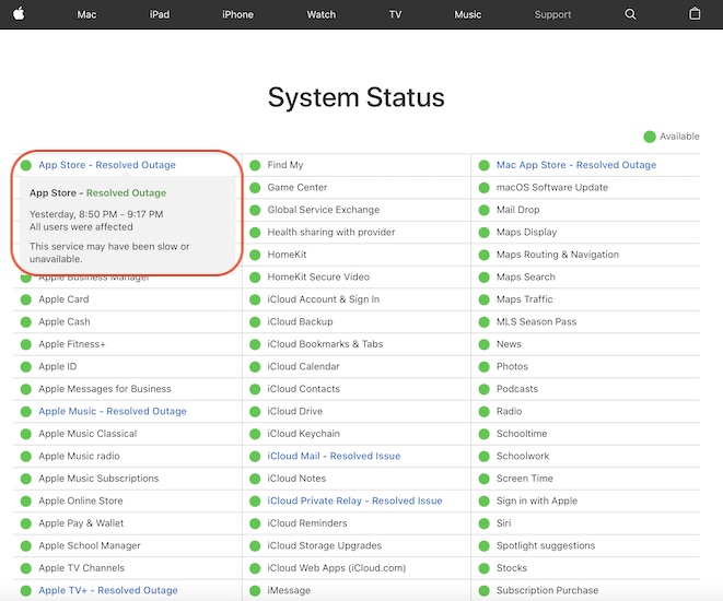app store down system status