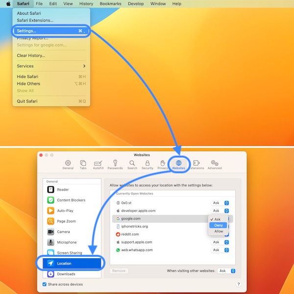 настройки местоположения сафари macos ventura