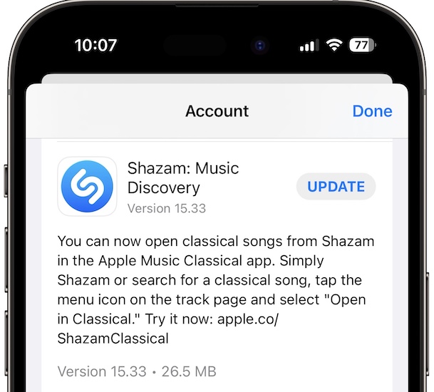 обновление shazam apple music classic