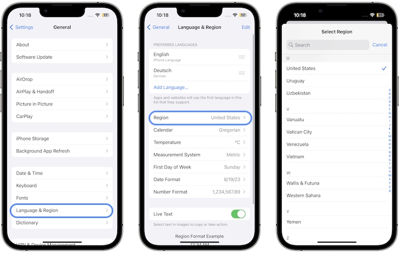 change region on iphone in ios 17