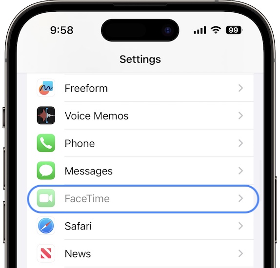 Facetime неактивен в настройках iOS 17