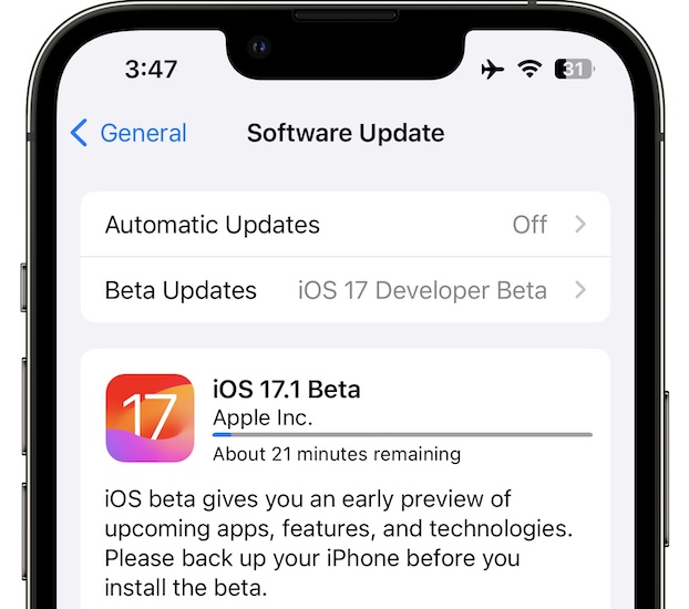 Загрузка бета-версии iOS 17.1