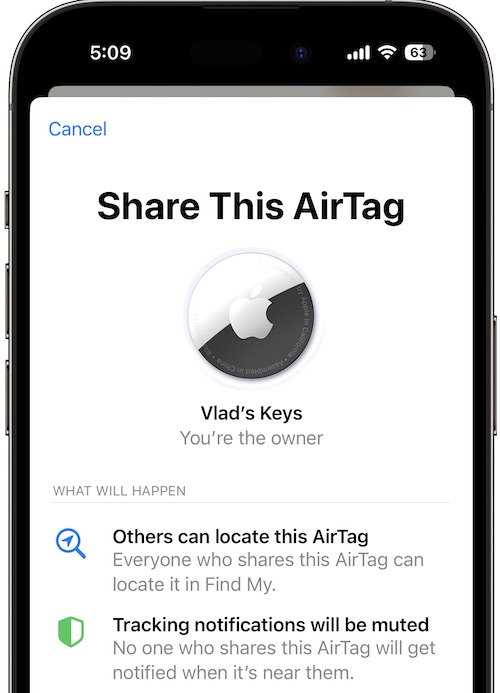 share this airtag ios 17 feature