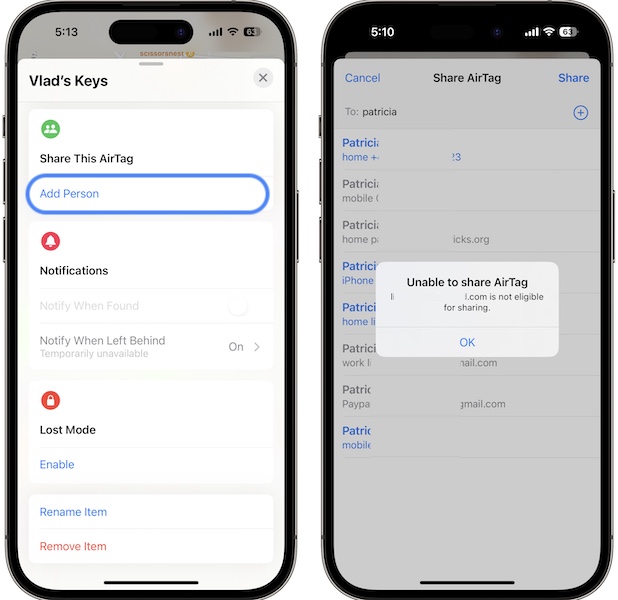 unable to share airtag is not eligible for sharing