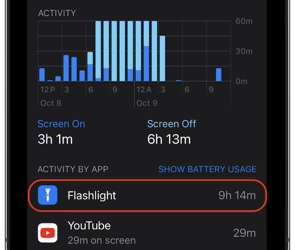 flashlight battery usage ios 17