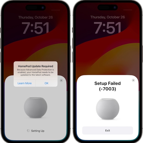 Ошибка установки Homepod 7003