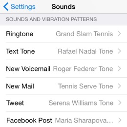 iPhone sounds menu with Tennis Alerts