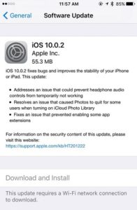 iOS 10.0.2 Release Note on iPhone 5S.