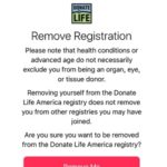 remove organ donor registration via health app