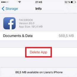 ios facebook storage info page