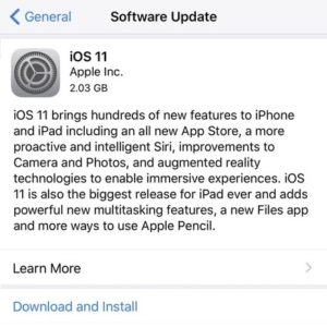 ios 11 software update screen