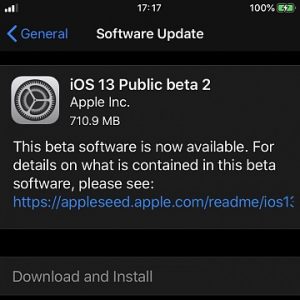 iOS 13 Public Beta 2 Software Update.