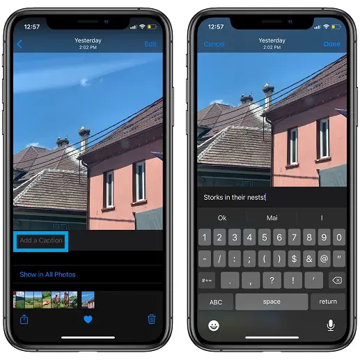 how do you add a caption to photo on iphone