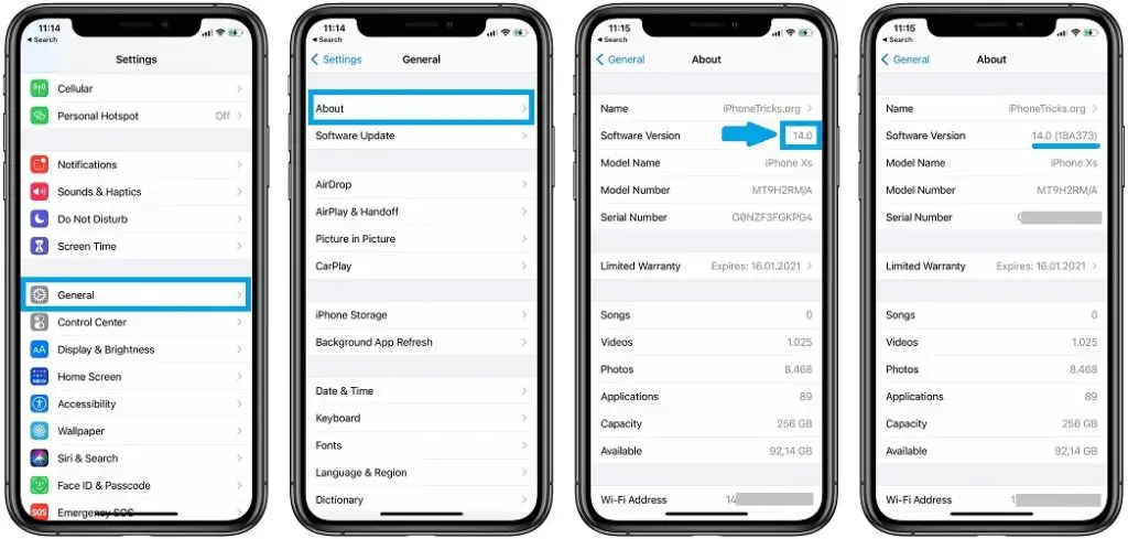 how to find out iOS 14 build number