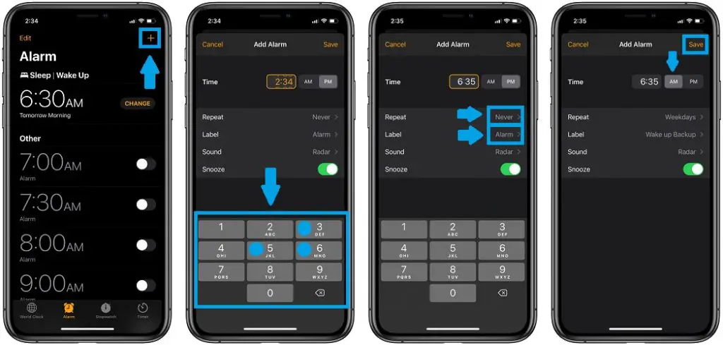 how to add new alarm in iOS 14