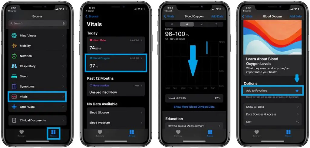 how to check blood oxygen measurements on iPhone