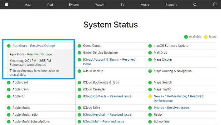 App Store service downtime resolved on status page