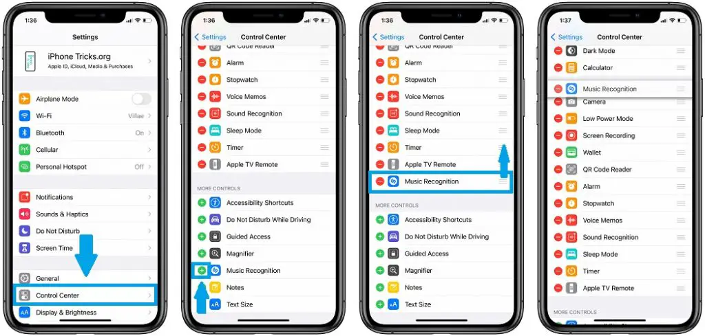 how to add shazam music recognition to control center
