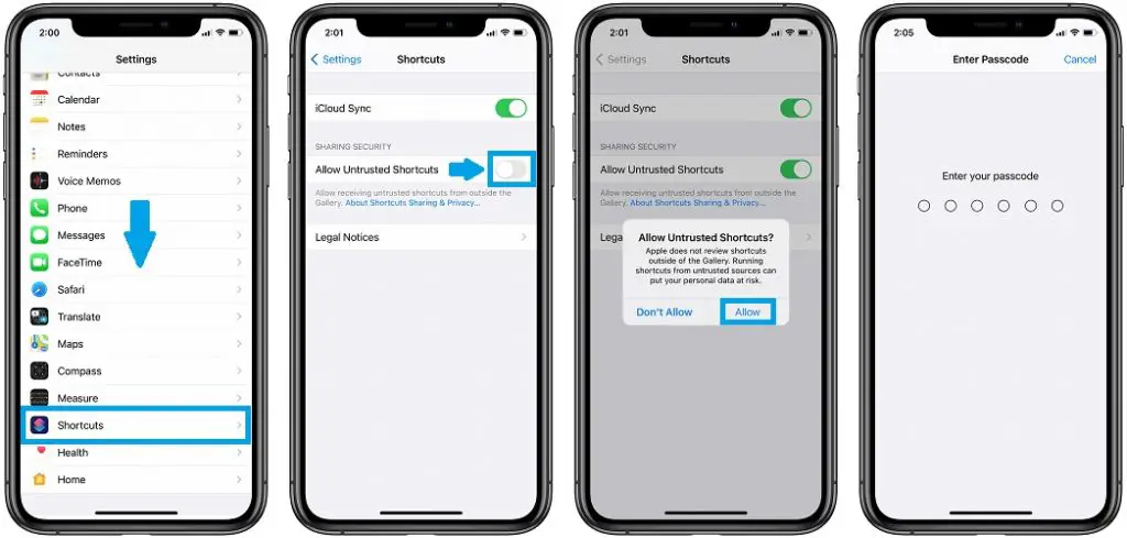 how to allow untrusted shortcuts on iPhone