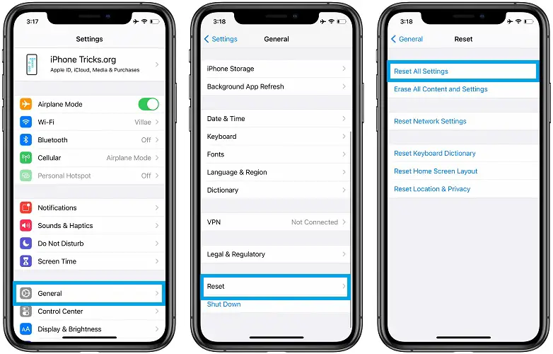 how to reset all iphone settings