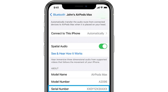 airpods max serial number in iOS settings