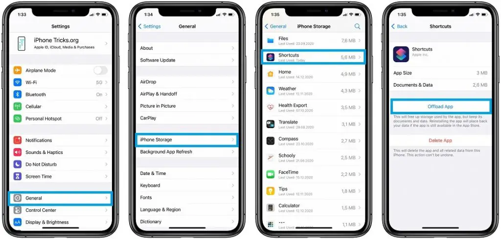 how to offload shortcuts app