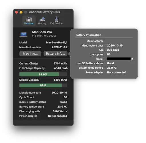 M1 MacBook Pro Coconut Battery Health Screenshot