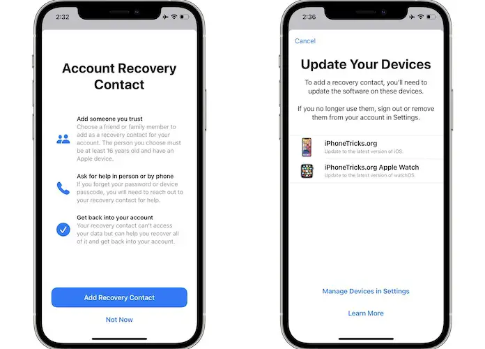 account recovery contact requirements