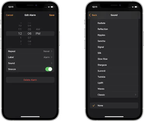 alarm sound automatically set to None