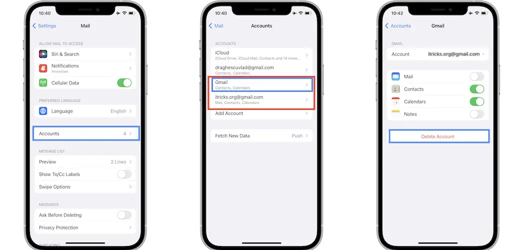 delete duplicate accounts in Mail