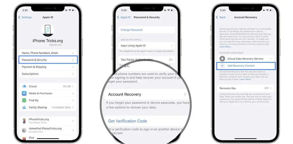how to add account recovery contact on iphone