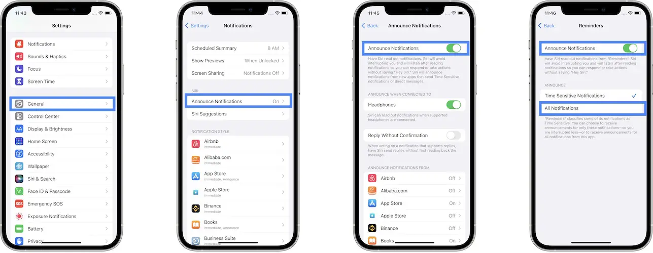 how to enable announce notifications in iOS 15