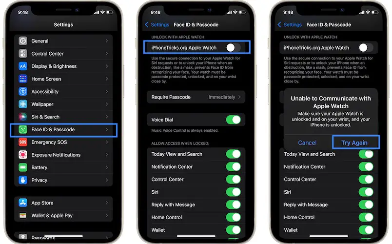 iPhone 13 unlock with apple watch error