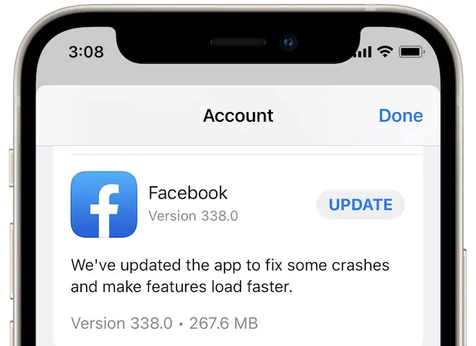 facebook update in app store