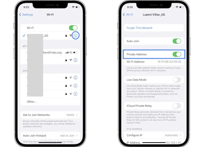 how to disable private address for wifi