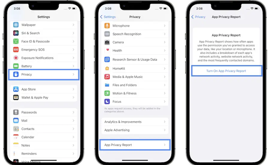 how to turn on app privacy report