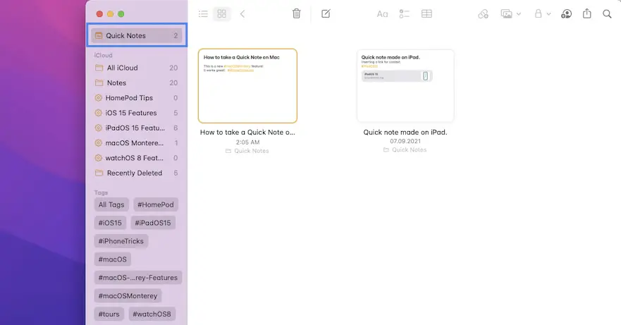 quick notes in notes