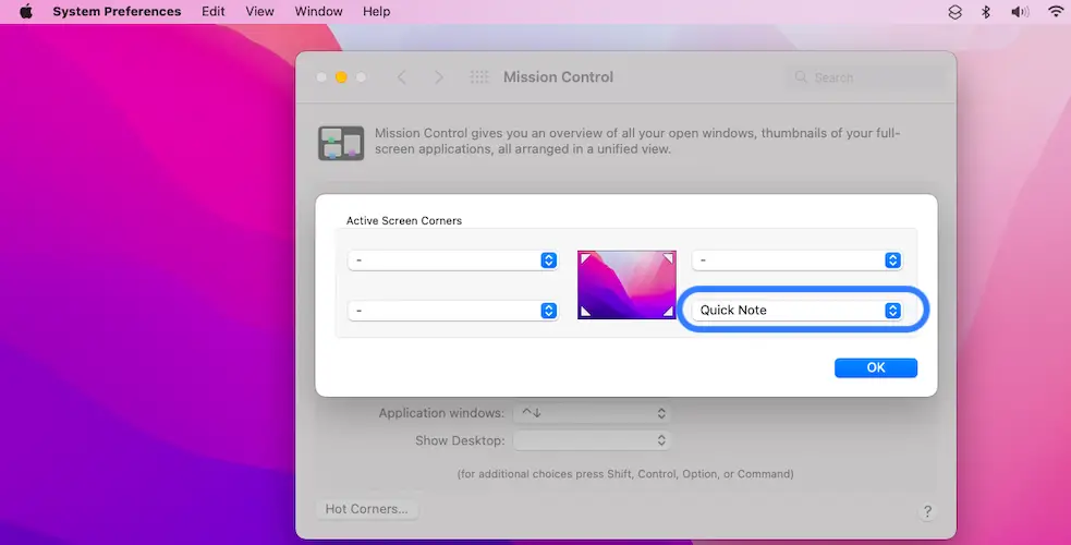turn On Quick Note in Mission Control
