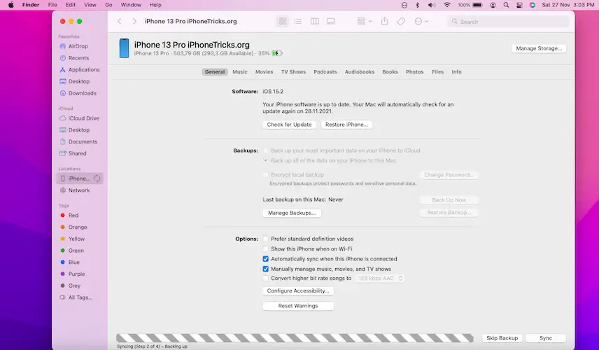 backing up iPhone on Mac
