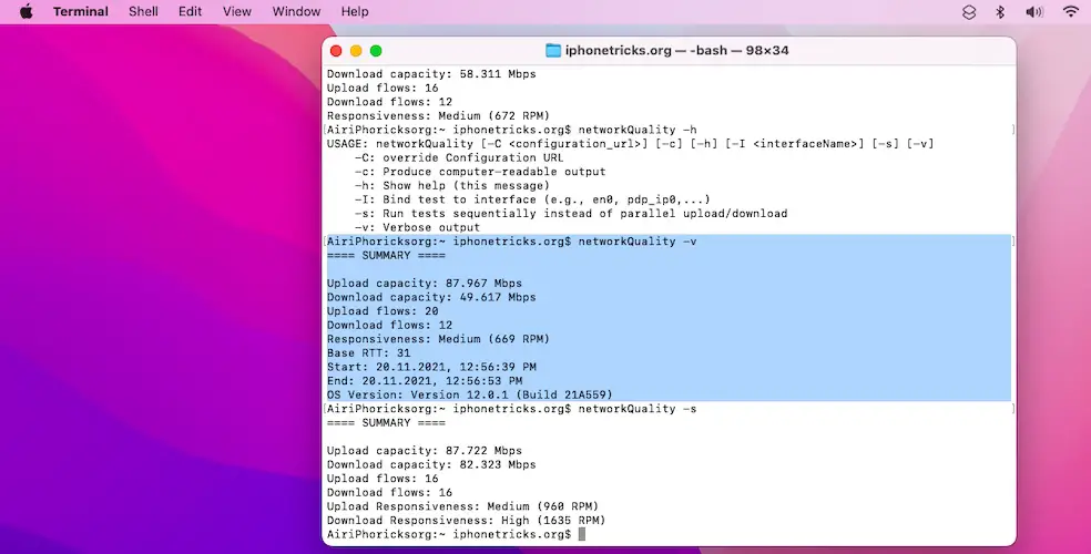 mac Internet speed test in Terminal